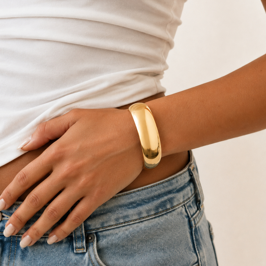 Chunky Golden Tone Dome Bangle Bracelet for Women